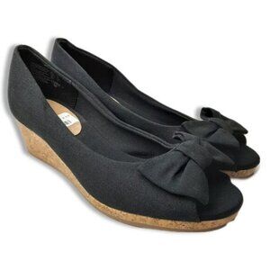 AMERICAN EAGLE AE New Peep Toe Bow Espadrille Cork Wedge Shoe Heels Black Sz 4.5